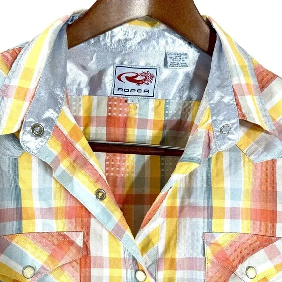 Roper Women's Shirts Orange Plaid Cotton Long Sleeves Western Cow Girl Size L - Picture 5 of 9